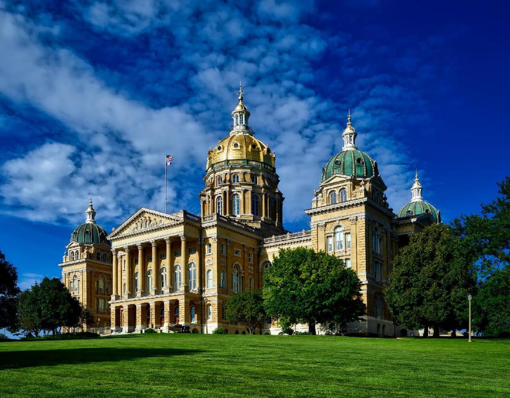 Des Moines is the capital of the Hawkeye State. The capitol building has a stunning golden dome.