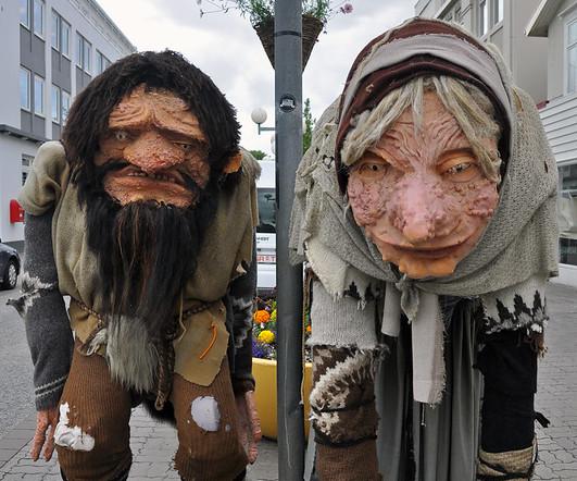 A figure of Grýla the Christmas witch, displayed next to her ogre husband, Leppalúði, on an Icelandic street.