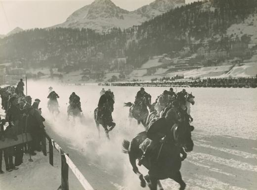 Skijoring (shown here at the 1928 St. Moritz Olympics), ski ballet, dog sled racing, and military patrol are among the Winter Olympics' discontinued sports.