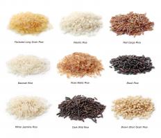 Different types of rice, including basmati rice, which is typically used to make biryani.