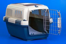 A pet carrier, which holds the animal during the flight.