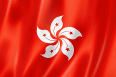 The flag of Hong Kong. Several of the world's tallest skyscrapers are found in Hong Kong.