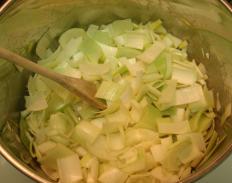 Sauteed leeks in a pan