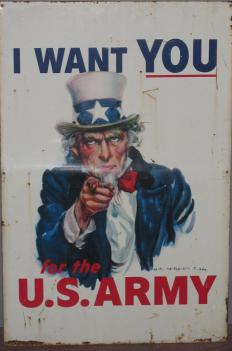 A propaganda poster with a caricature of Uncle Sam, a representation of America, encouraging people to join the army.