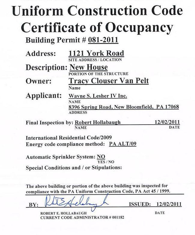 Certificate Of Occupancy New Building