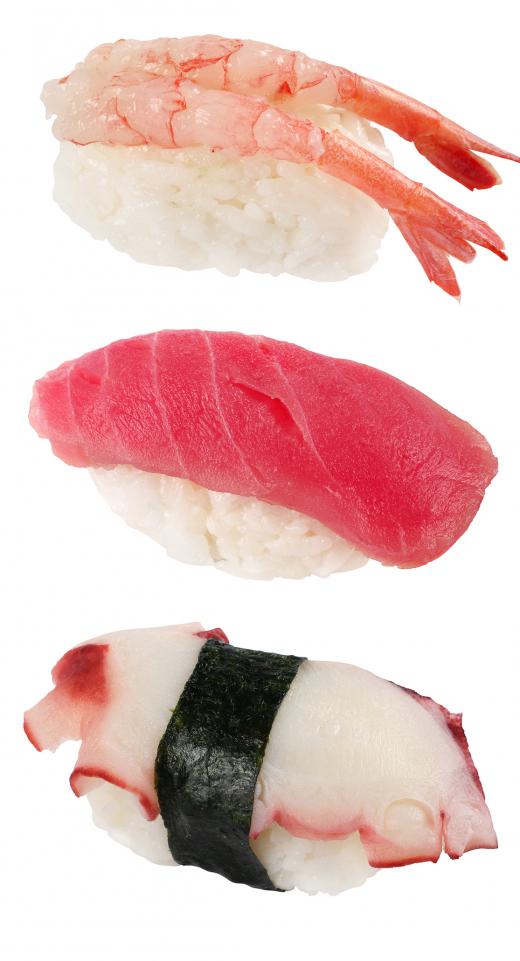 Nigiri sushi assortment made with sushi rice.