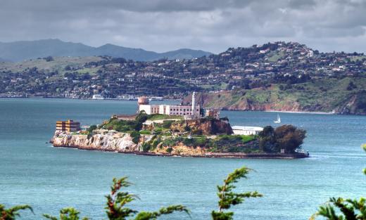 Alcatraz, a prison on an island in the San Francisco Bay that is a National Historic Landmark.