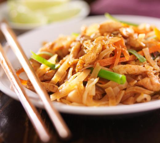 Peanuts and peanut sauce are often used in chicken pad thai, one of the most widely recognized Thai dishes.