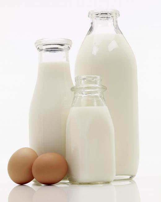 Milk and eggs, which are both used to make protein powder for building muscle.