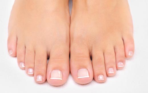 Toenails with a French pedicure.