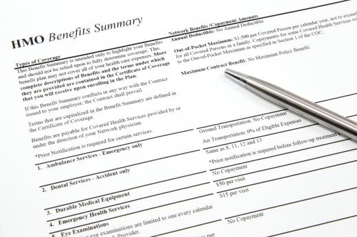 The benefits summary for an HMO, a type of primary care provider.