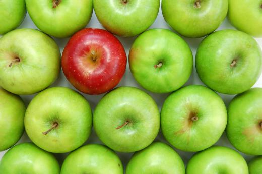 Granny Smith apples with one Red Delicious apple.