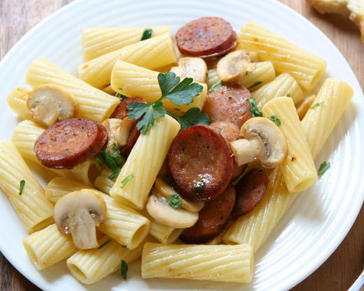 Pasta with sausage and mushrooms.