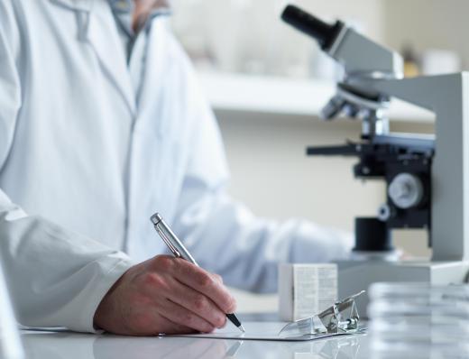 Lab technicians use microscopes for research.