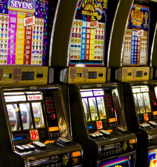 Slot machines in a boardwalk arcade.