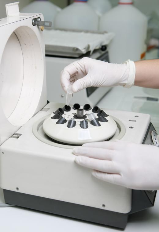 A medical technologist placing a test tube in a centrifuge in a lab.