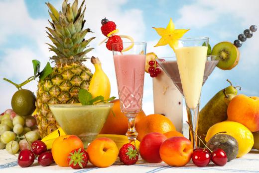 Smoothies are created using a variety of fruits, juices, and ice.