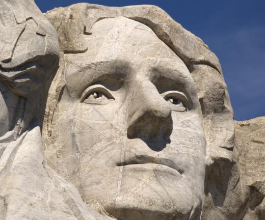 A sculpture of Thomas Jefferson on the Mount Rushmore National Memorial.