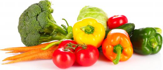 Vegetables, including broccoli, carrots, tomatoes, bell peppers, and others.