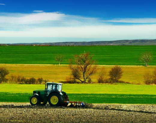 A farmer uses a tractor to till a field.